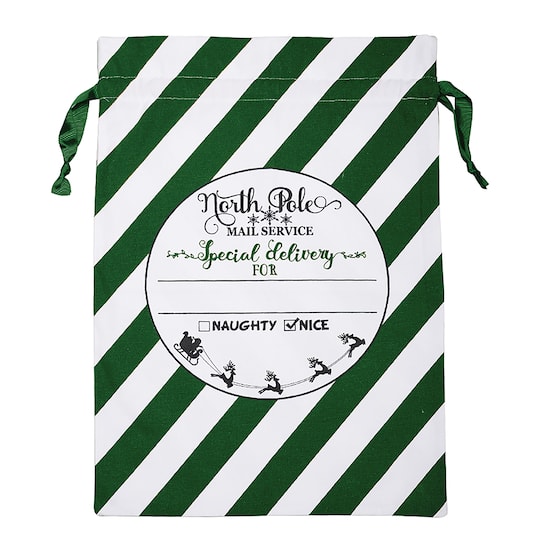 Personality Case&#x2122; 17&#x22; x 26&#x22; Green &#x26; White Stripe Cotton Christmas Drawstring Bag